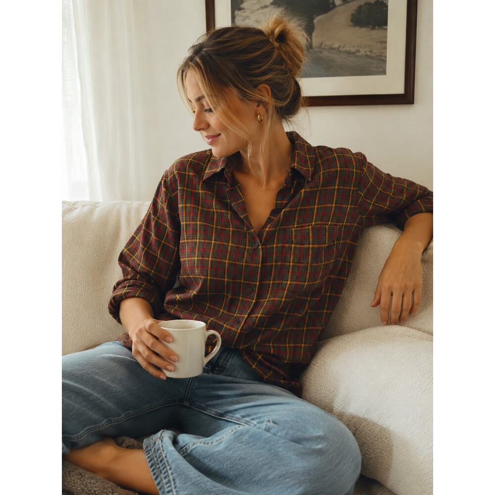 LRL Lauren Ralph Lauren Green Label Brown Plaid Button Down Boyfriend Shirt